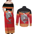 NRL Dolphins Mascot Christmas Personalised Couples Matching Off Shoulder Maxi Dress and Long Sleeve Button Shirt Black Style