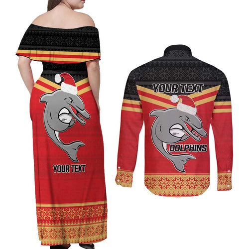 NRL Dolphins Mascot Christmas Personalised Couples Matching Off Shoulder Maxi Dress and Long Sleeve Button Shirt Black Style