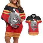NRL Dolphins Mascot Christmas Personalised Couples Matching Off Shoulder Short Dress and Hawaiian Shirt Black Style