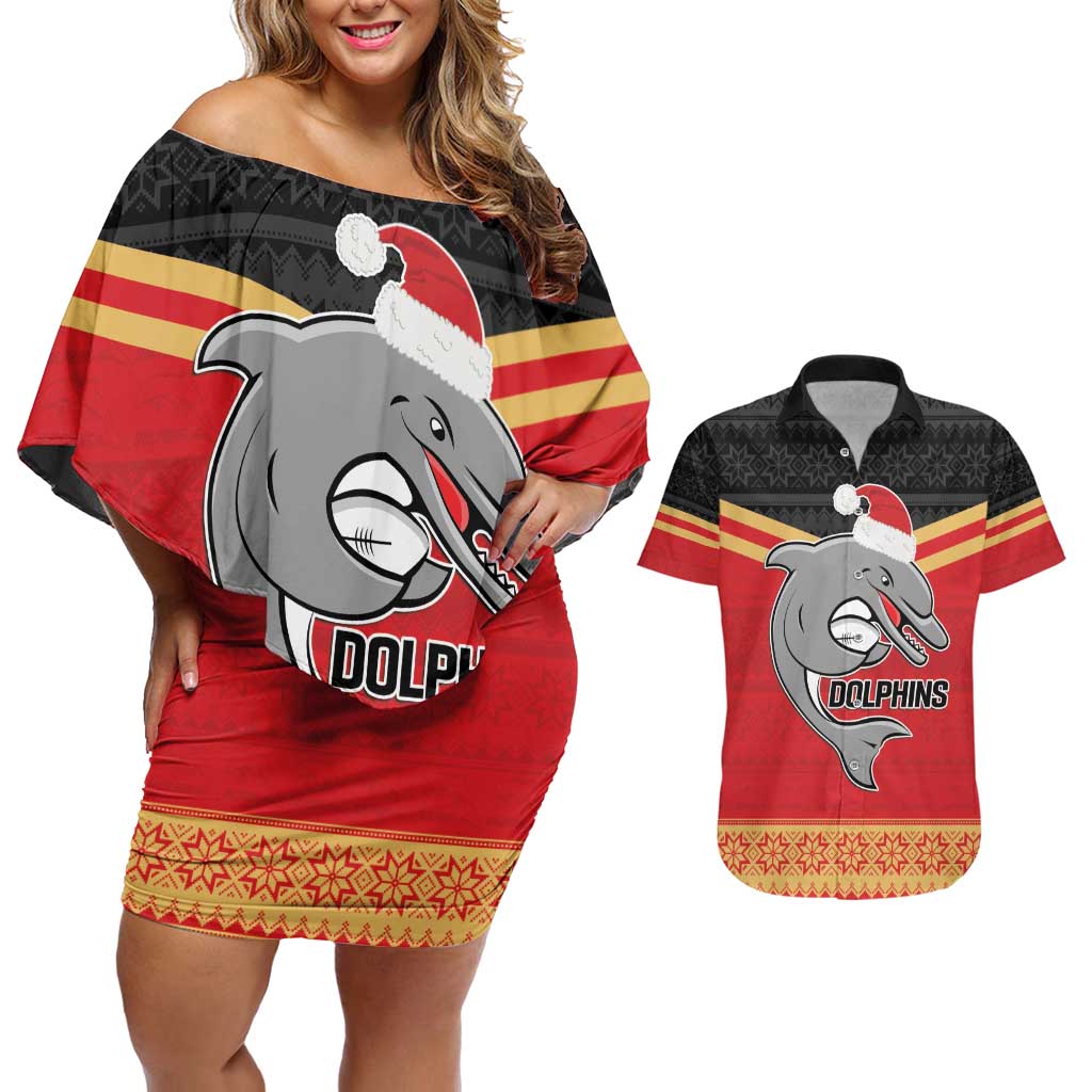 NRL Dolphins Mascot Christmas Personalised Couples Matching Off Shoulder Short Dress and Hawaiian Shirt Black Style