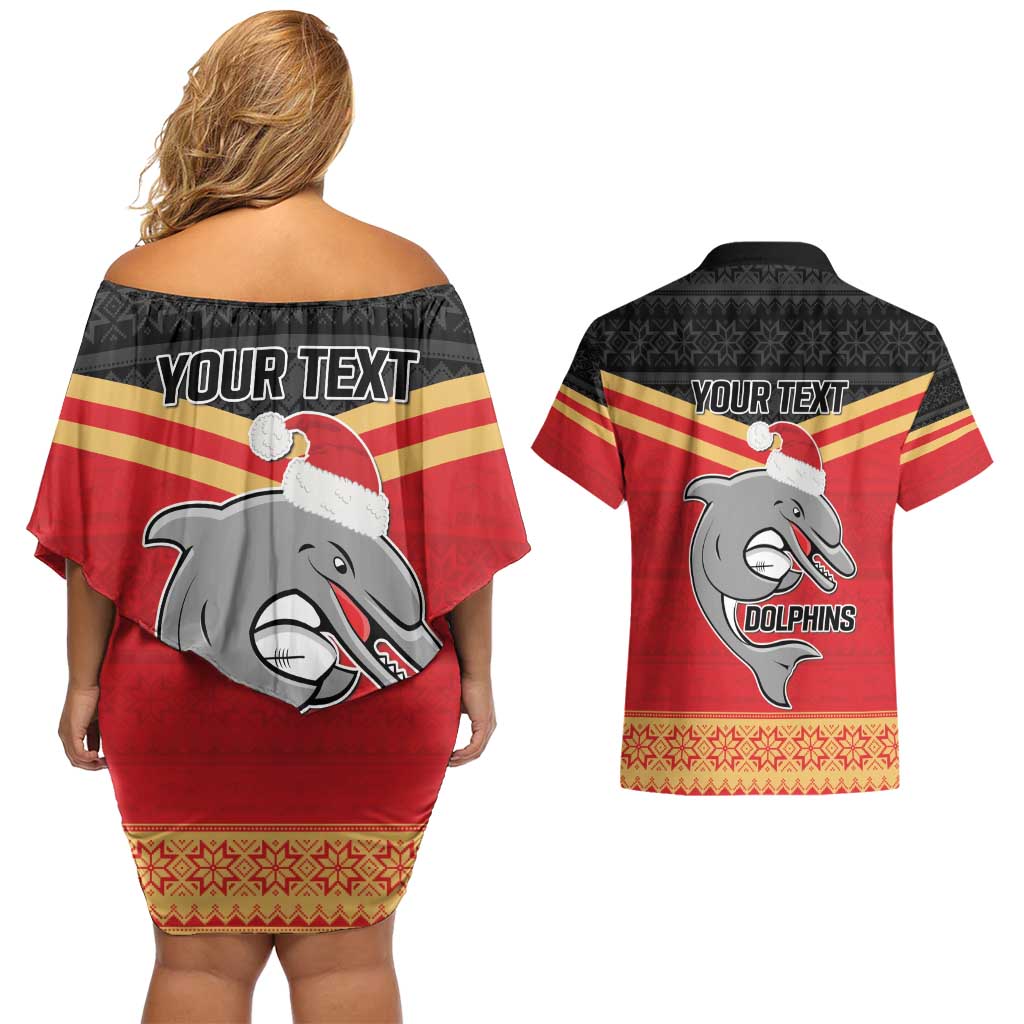 NRL Dolphins Mascot Christmas Personalised Couples Matching Off Shoulder Short Dress and Hawaiian Shirt Black Style