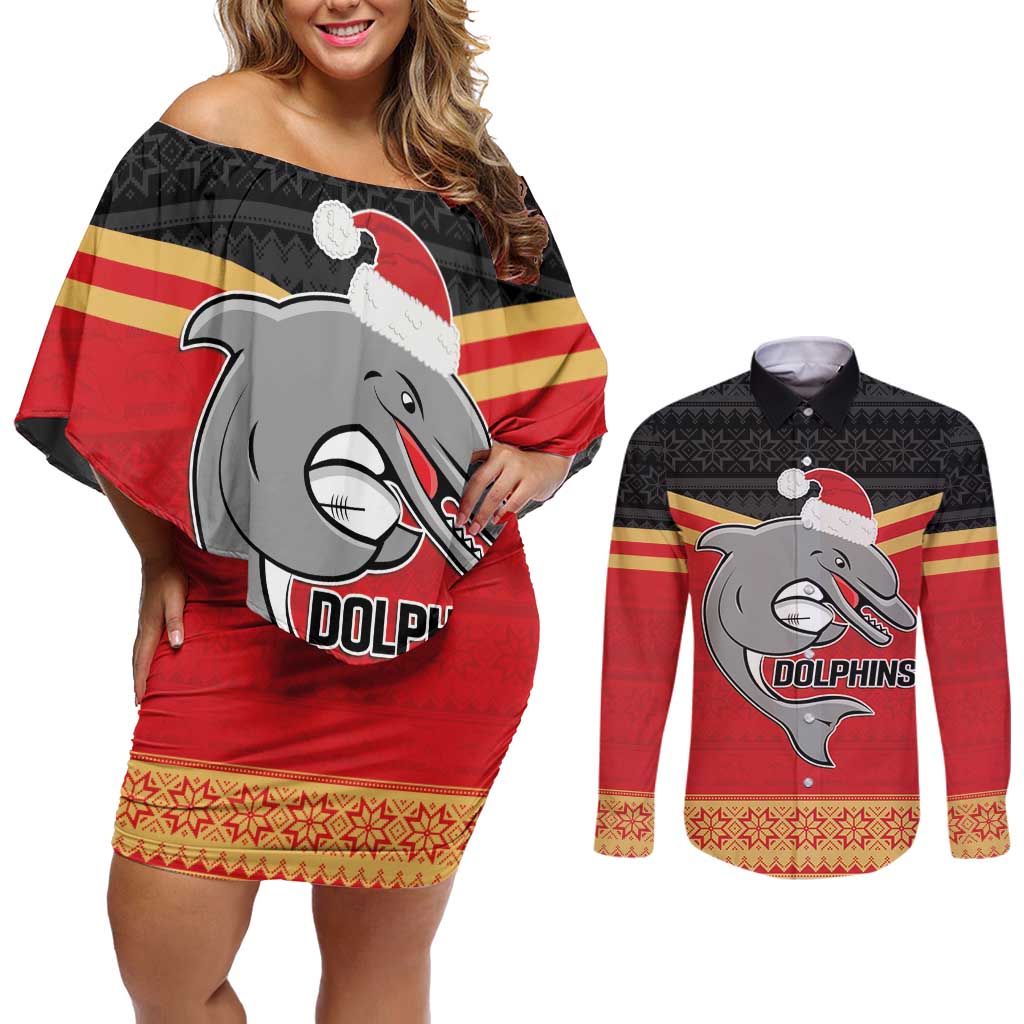 NRL Dolphins Mascot Christmas Personalised Couples Matching Off Shoulder Short Dress and Long Sleeve Button Shirt Black Style