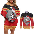 NRL Dolphins Mascot Christmas Personalised Couples Matching Off Shoulder Short Dress and Long Sleeve Button Shirt Black Style