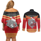 NRL Dolphins Mascot Christmas Personalised Couples Matching Off Shoulder Short Dress and Long Sleeve Button Shirt Black Style