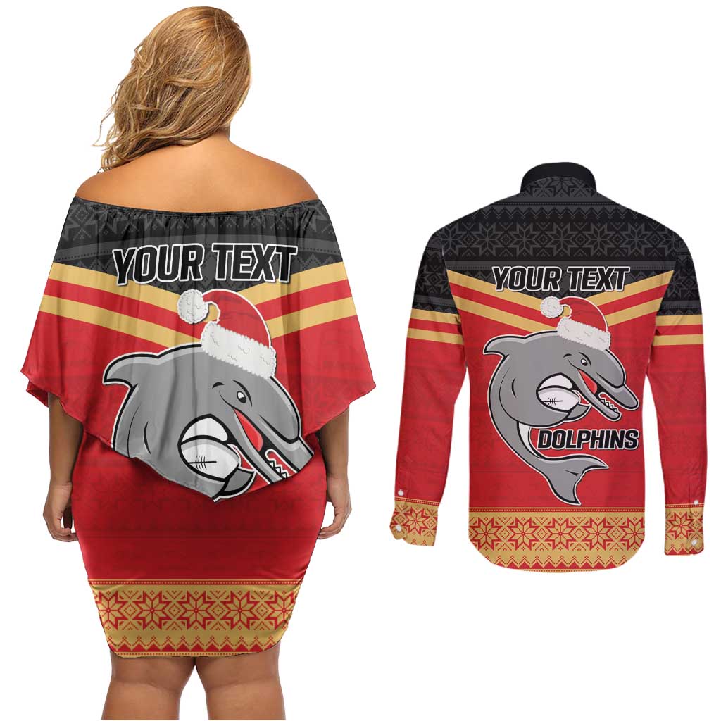 NRL Dolphins Mascot Christmas Personalised Couples Matching Off Shoulder Short Dress and Long Sleeve Button Shirt Black Style