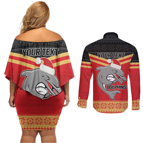 NRL Dolphins Mascot Christmas Personalised Couples Matching Off Shoulder Short Dress and Long Sleeve Button Shirt Black Style