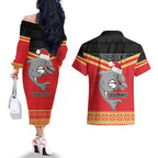 NRL Dolphins Mascot Christmas Personalised Couples Matching Off The Shoulder Long Sleeve Dress and Hawaiian Shirt Black Style
