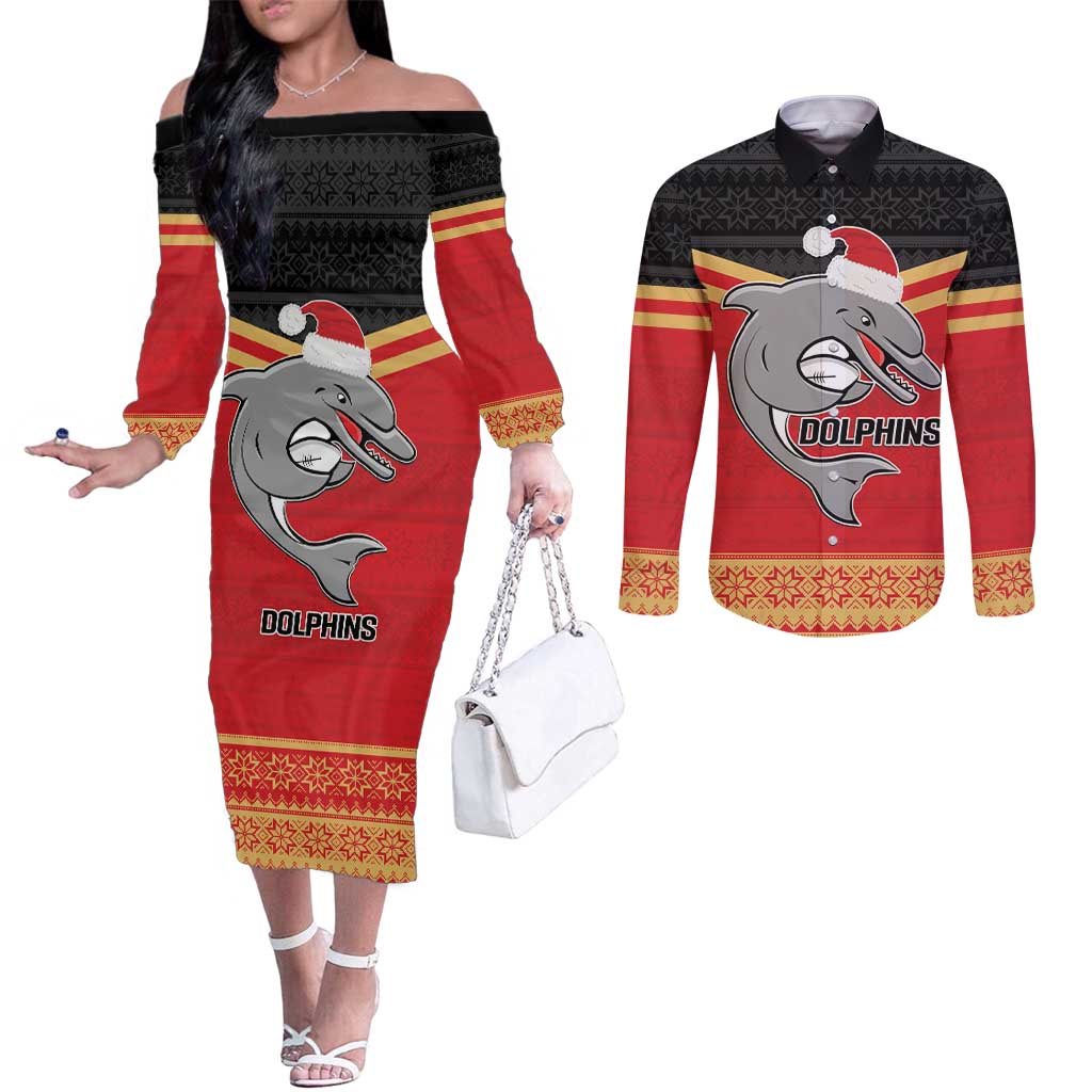 NRL Dolphins Mascot Christmas Personalised Couples Matching Off The Shoulder Long Sleeve Dress and Long Sleeve Button Shirt Black Style