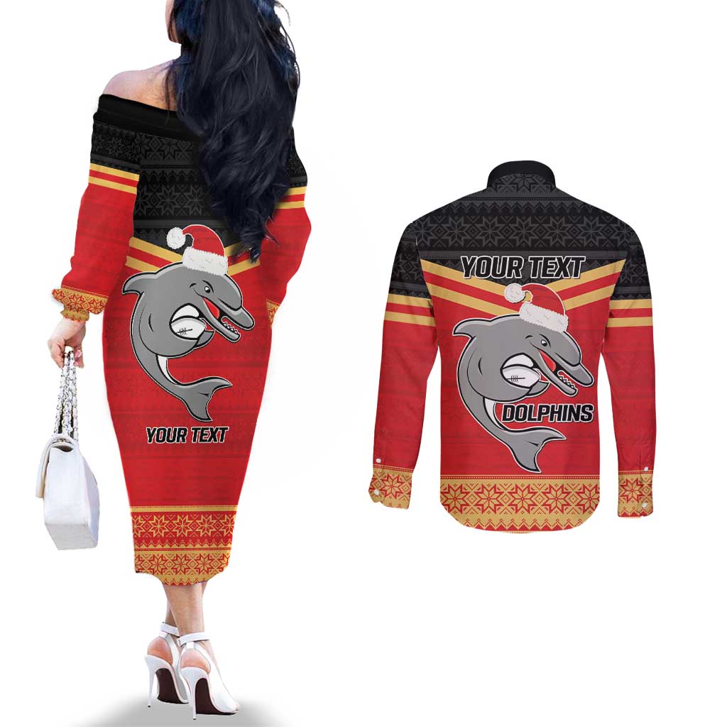 NRL Dolphins Mascot Christmas Personalised Couples Matching Off The Shoulder Long Sleeve Dress and Long Sleeve Button Shirt Black Style