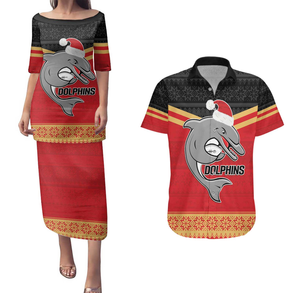 NRL Dolphins Mascot Christmas Personalised Couples Matching Puletasi and Hawaiian Shirt Black Style