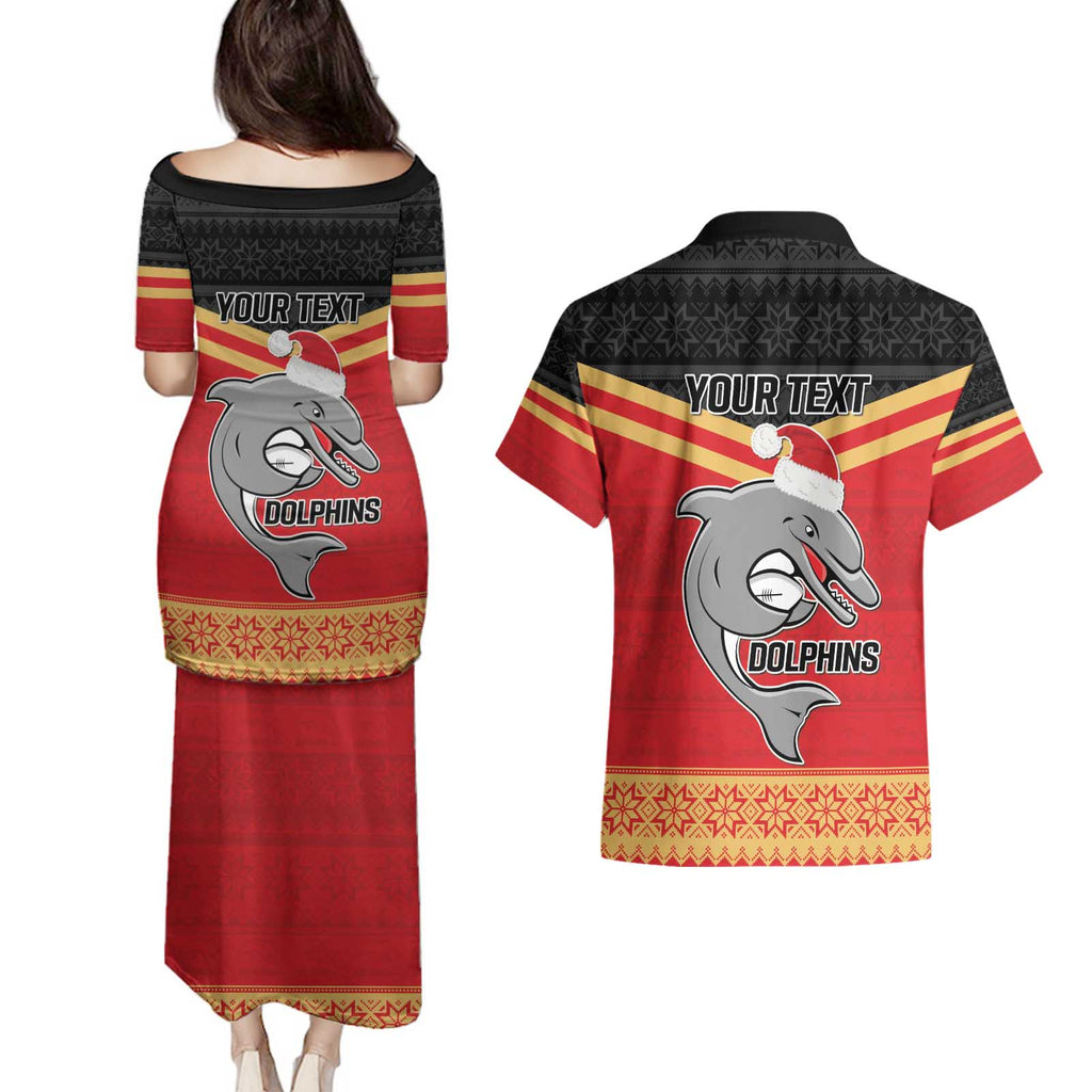 NRL Dolphins Mascot Christmas Personalised Couples Matching Puletasi and Hawaiian Shirt Black Style