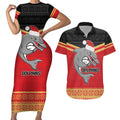 NRL Dolphins Mascot Christmas Personalised Couples Matching Short Sleeve Bodycon Dress and Hawaiian Shirt Black Style