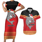 NRL Dolphins Mascot Christmas Personalised Couples Matching Short Sleeve Bodycon Dress and Hawaiian Shirt Black Style