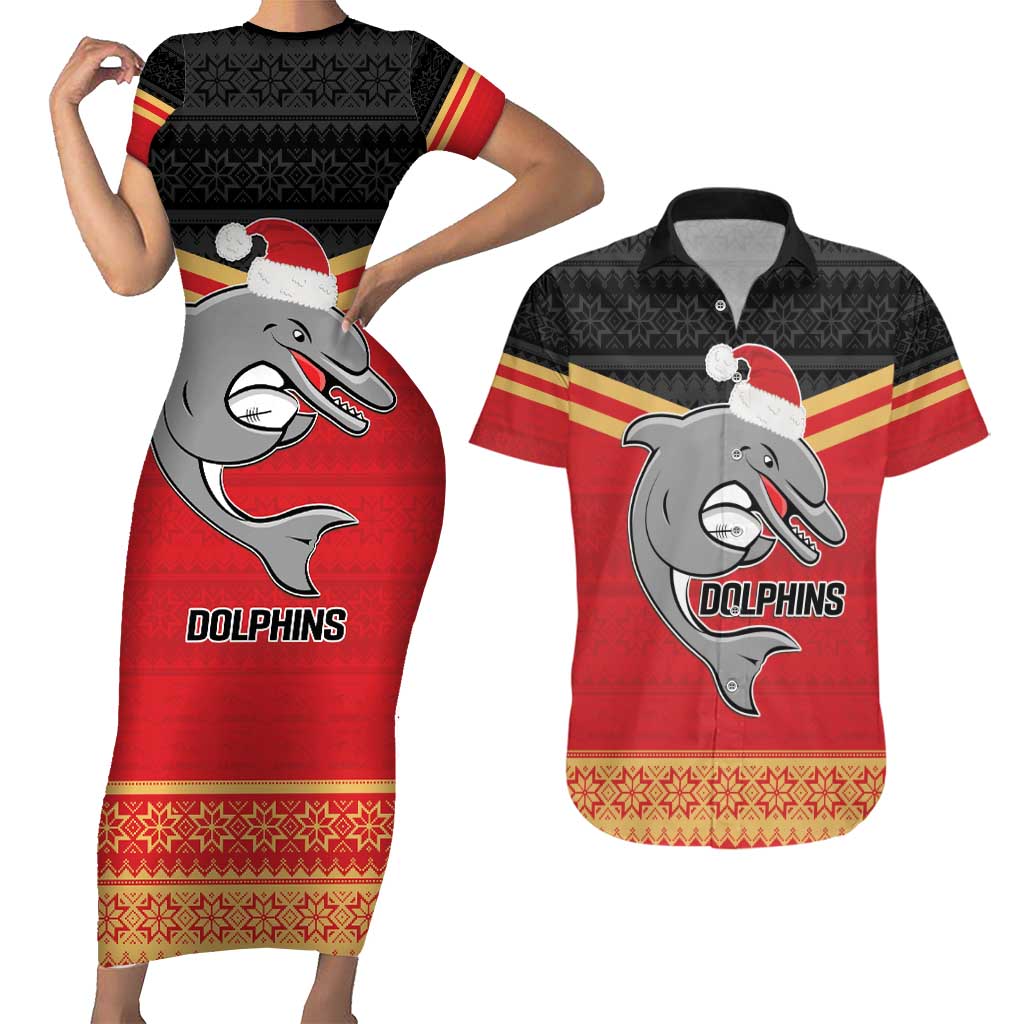NRL Dolphins Mascot Christmas Personalised Couples Matching Short Sleeve Bodycon Dress and Hawaiian Shirt Black Style
