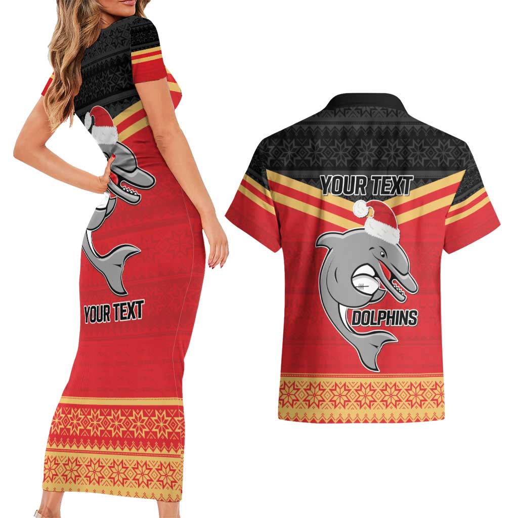 NRL Dolphins Mascot Christmas Personalised Couples Matching Short Sleeve Bodycon Dress and Hawaiian Shirt Black Style