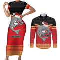 NRL Dolphins Mascot Christmas Personalised Couples Matching Short Sleeve Bodycon Dress and Long Sleeve Button Shirt Black Style