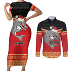 NRL Dolphins Mascot Christmas Personalised Couples Matching Short Sleeve Bodycon Dress and Long Sleeve Button Shirt Black Style