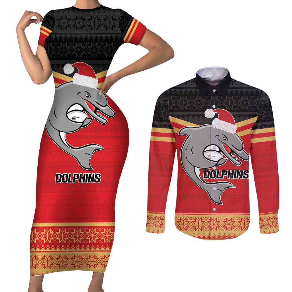 NRL Dolphins Mascot Christmas Personalised Couples Matching Short Sleeve Bodycon Dress and Long Sleeve Button Shirt Black Style