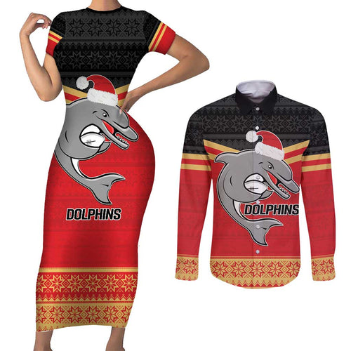 NRL Dolphins Mascot Christmas Personalised Couples Matching Short Sleeve Bodycon Dress and Long Sleeve Button Shirt Black Style