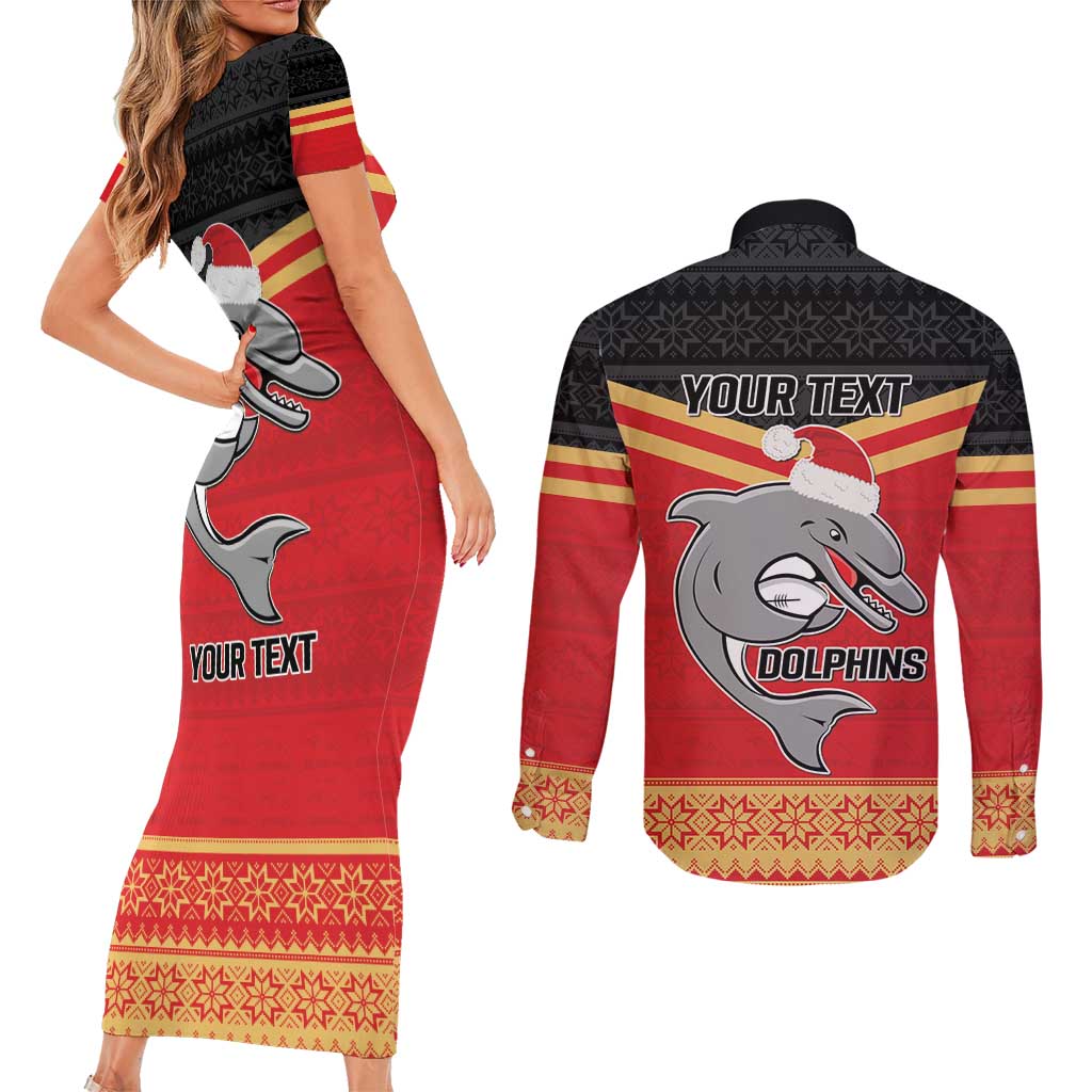 NRL Dolphins Mascot Christmas Personalised Couples Matching Short Sleeve Bodycon Dress and Long Sleeve Button Shirt Black Style