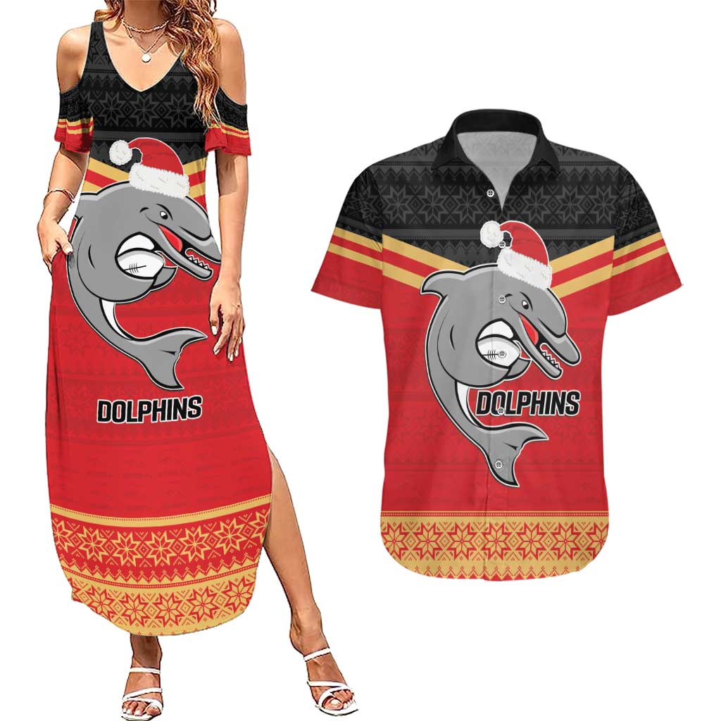 NRL Dolphins Mascot Christmas Personalised Couples Matching Summer Maxi Dress and Hawaiian Shirt Black Style