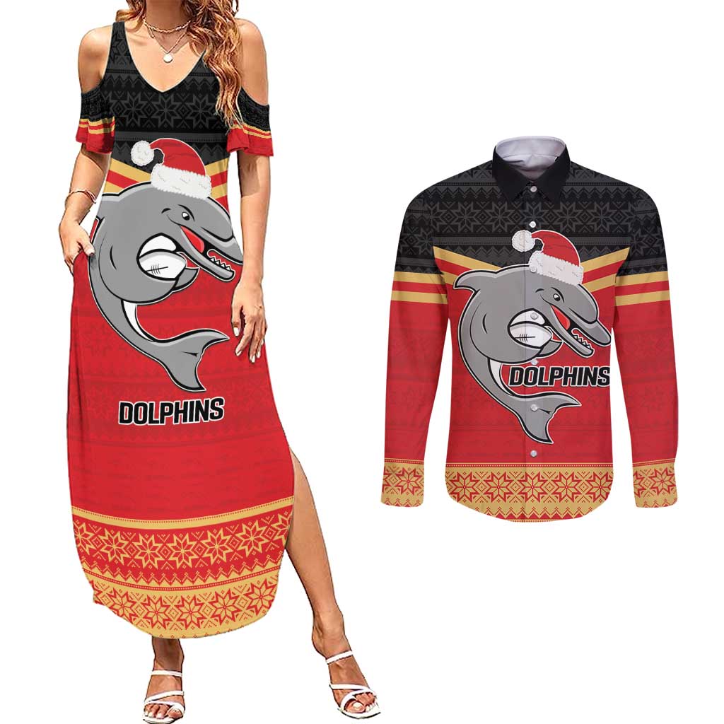 NRL Dolphins Mascot Christmas Personalised Couples Matching Summer Maxi Dress and Long Sleeve Button Shirt Black Style