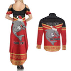 NRL Dolphins Mascot Christmas Personalised Couples Matching Summer Maxi Dress and Long Sleeve Button Shirt Black Style