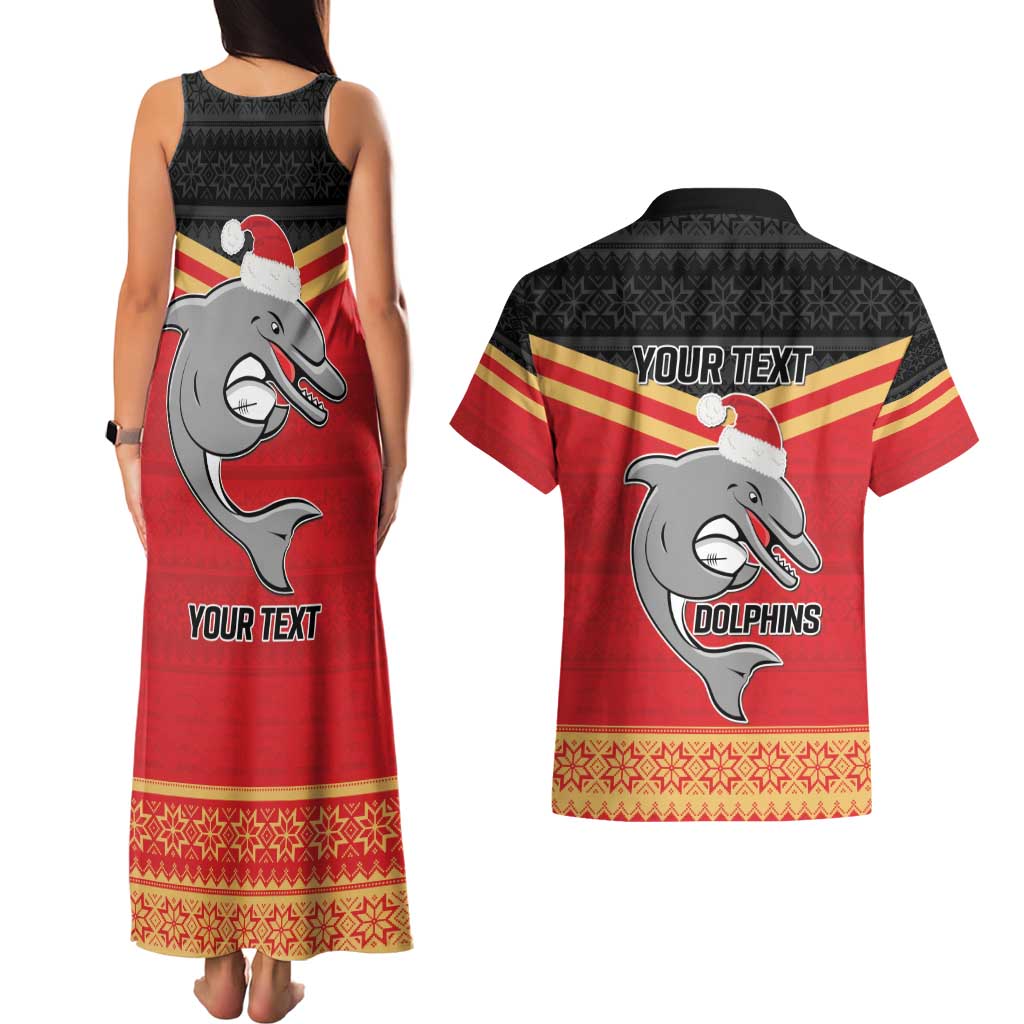 NRL Dolphins Mascot Christmas Personalised Couples Matching Tank Maxi Dress and Hawaiian Shirt Black Style