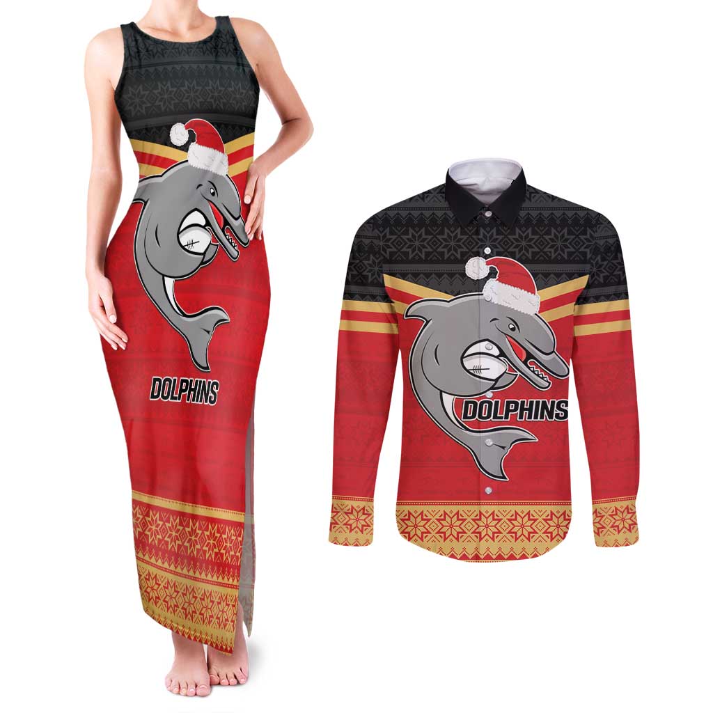 NRL Dolphins Mascot Christmas Personalised Couples Matching Tank Maxi Dress and Long Sleeve Button Shirt Black Style