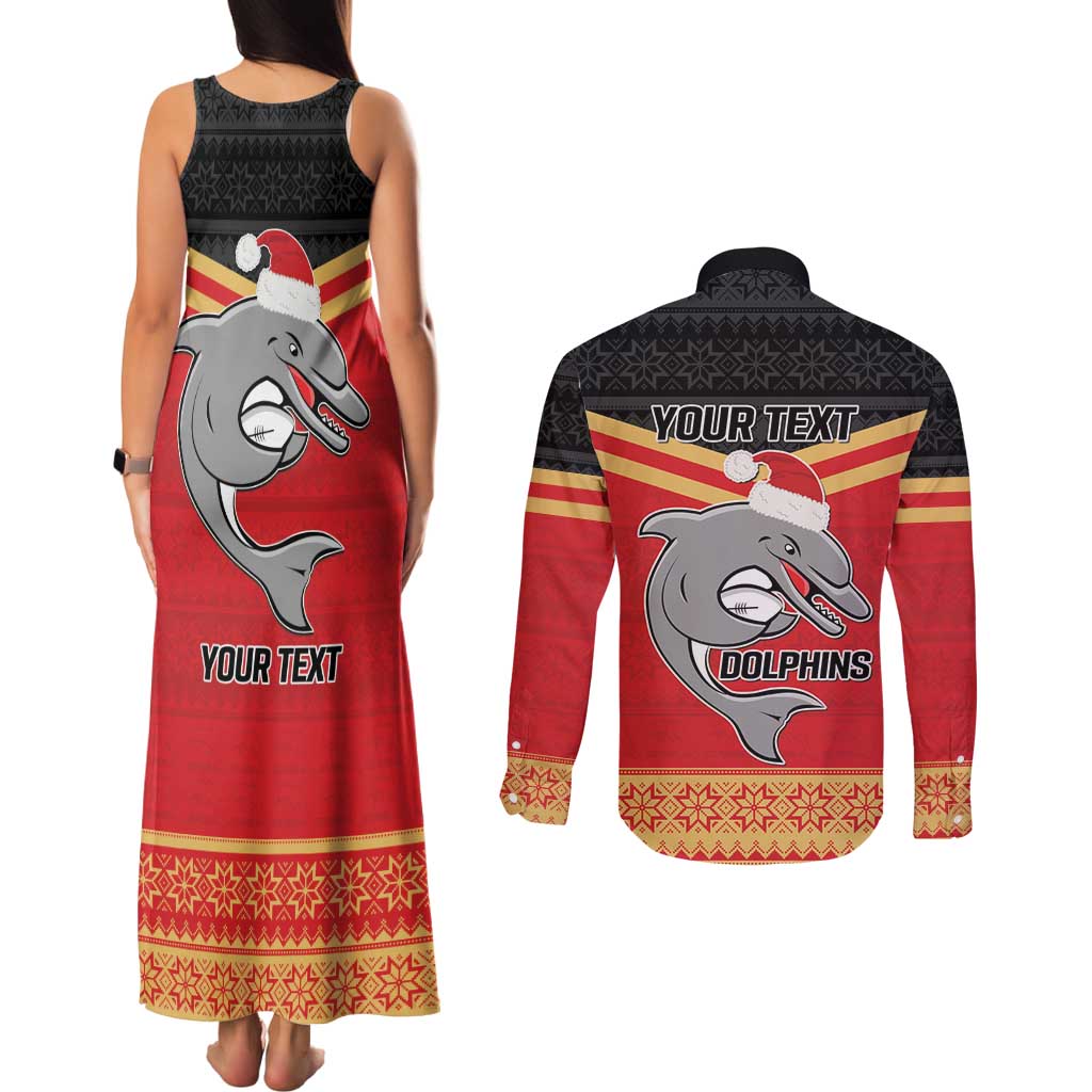NRL Dolphins Mascot Christmas Personalised Couples Matching Tank Maxi Dress and Long Sleeve Button Shirt Black Style
