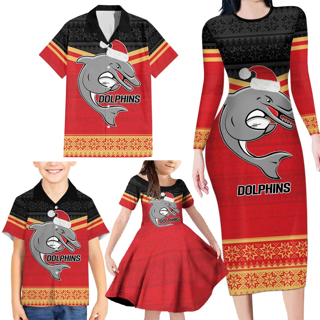 NRL Dolphins Mascot Christmas Personalised Family Matching Long Sleeve Bodycon Dress and Hawaiian Shirt Black Style