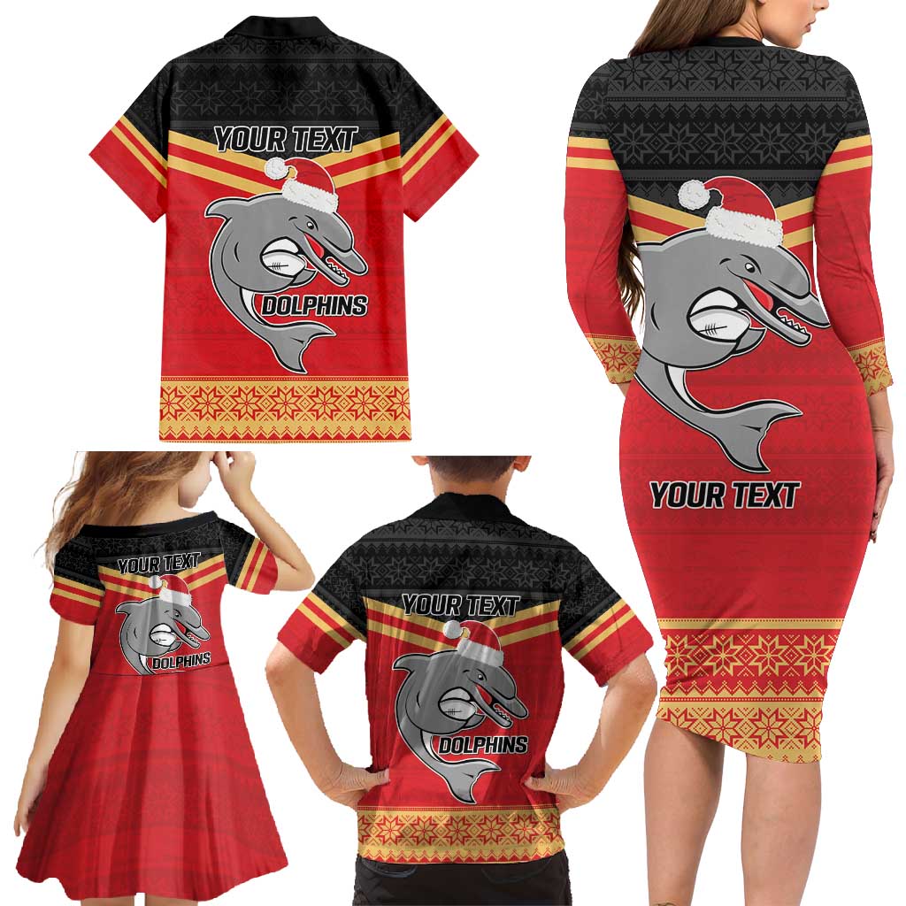 NRL Dolphins Mascot Christmas Personalised Family Matching Long Sleeve Bodycon Dress and Hawaiian Shirt Black Style