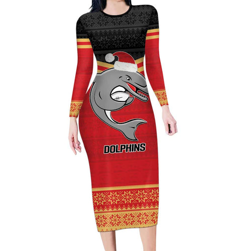 NRL Dolphins Mascot Christmas Personalised Family Matching Long Sleeve Bodycon Dress and Hawaiian Shirt Black Style