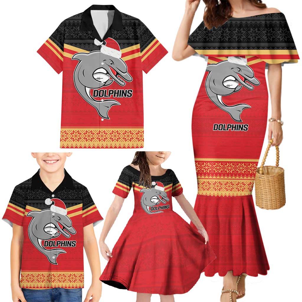 NRL Dolphins Mascot Christmas Personalised Family Matching Mermaid Dress and Hawaiian Shirt Black Style