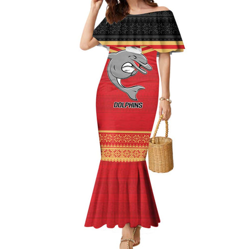 NRL Dolphins Mascot Christmas Personalised Family Matching Mermaid Dress and Hawaiian Shirt Black Style