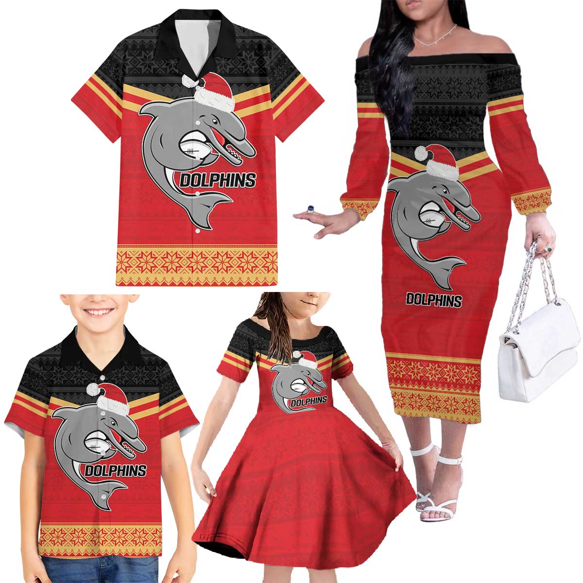 NRL Dolphins Mascot Christmas Personalised Family Matching Off The Shoulder Long Sleeve Dress and Hawaiian Shirt Black Style