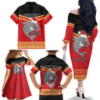 NRL Dolphins Mascot Christmas Personalised Family Matching Off The Shoulder Long Sleeve Dress and Hawaiian Shirt Black Style