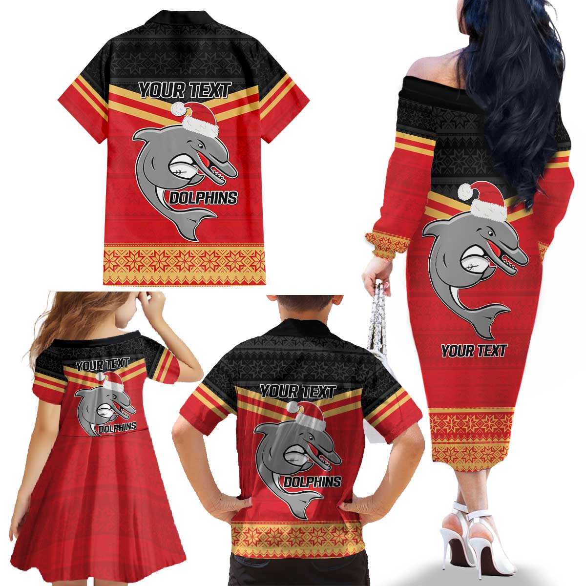 NRL Dolphins Mascot Christmas Personalised Family Matching Off The Shoulder Long Sleeve Dress and Hawaiian Shirt Black Style