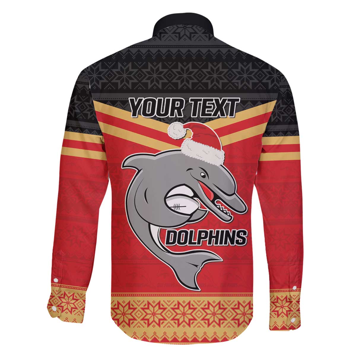 NRL Dolphins Mascot Christmas Personalised Family Matching Off The Shoulder Long Sleeve Dress and Hawaiian Shirt Black Style