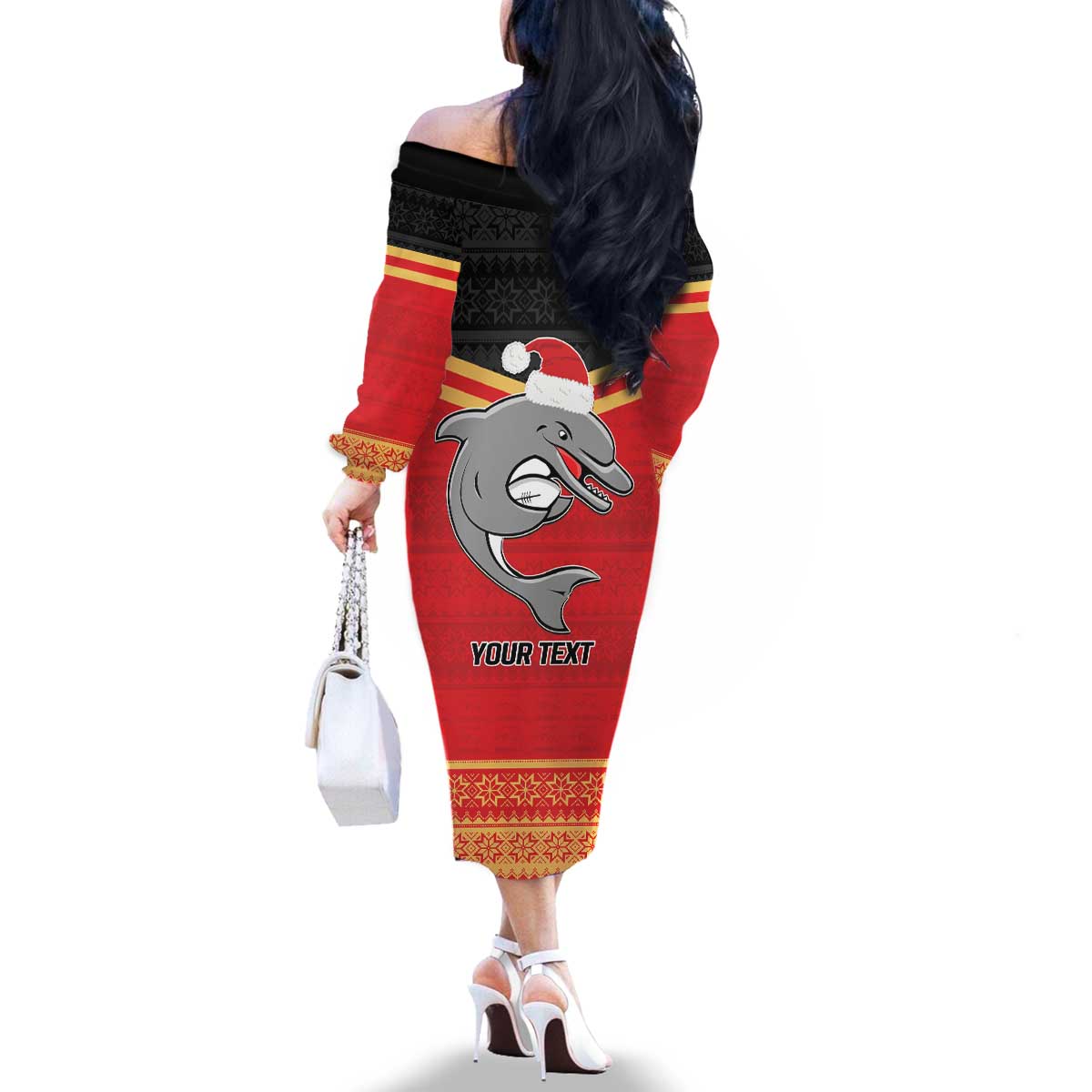 NRL Dolphins Mascot Christmas Personalised Family Matching Off The Shoulder Long Sleeve Dress and Hawaiian Shirt Black Style