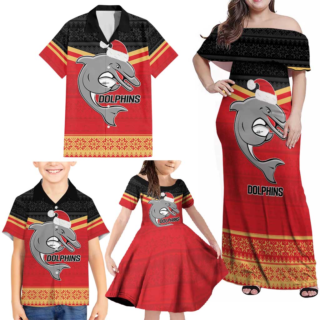 NRL Dolphins Mascot Christmas Personalised Family Matching Off Shoulder Maxi Dress and Hawaiian Shirt Black Style