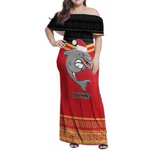 NRL Dolphins Mascot Christmas Personalised Family Matching Off Shoulder Maxi Dress and Hawaiian Shirt Black Style