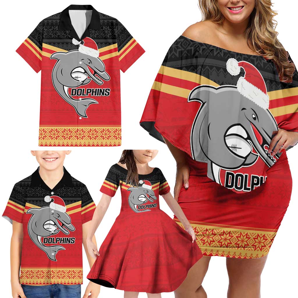NRL Dolphins Mascot Christmas Personalised Family Matching Off Shoulder Short Dress and Hawaiian Shirt Black Style