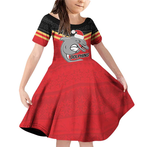 NRL Dolphins Mascot Christmas Personalised Family Matching Off Shoulder Short Dress and Hawaiian Shirt Black Style