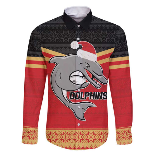 NRL Dolphins Mascot Christmas Personalised Family Matching Off Shoulder Short Dress and Hawaiian Shirt Black Style