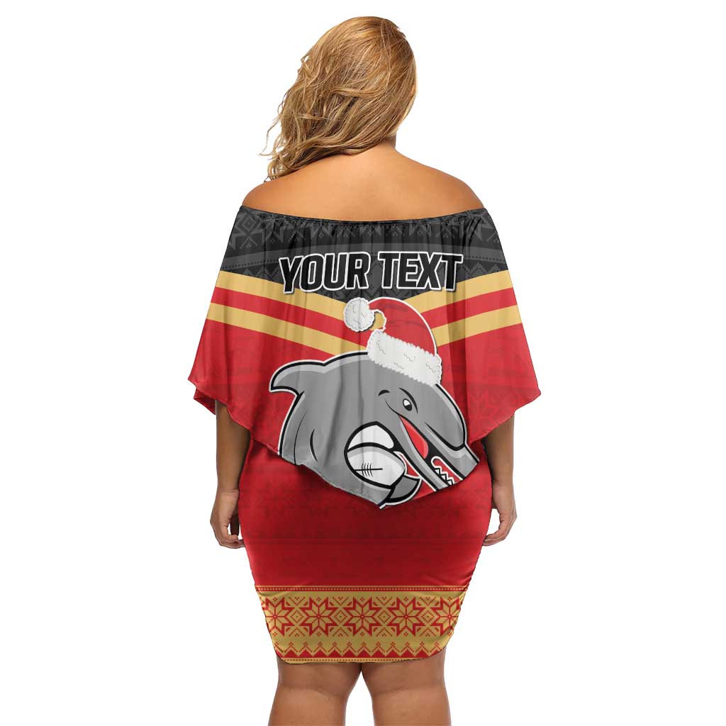 NRL Dolphins Mascot Christmas Personalised Family Matching Off Shoulder Short Dress and Hawaiian Shirt Black Style