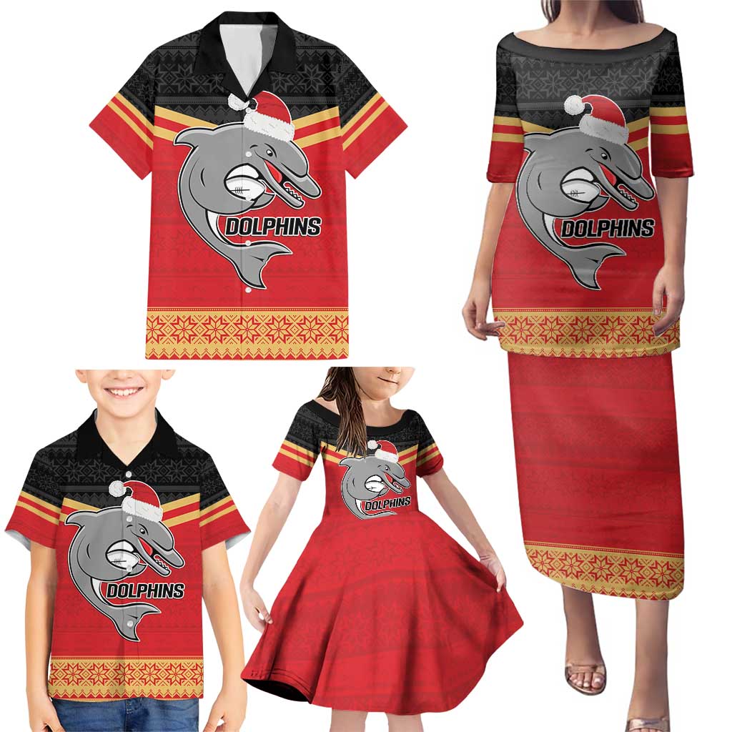 NRL Dolphins Mascot Christmas Personalised Family Matching Puletasi and Hawaiian Shirt Black Style