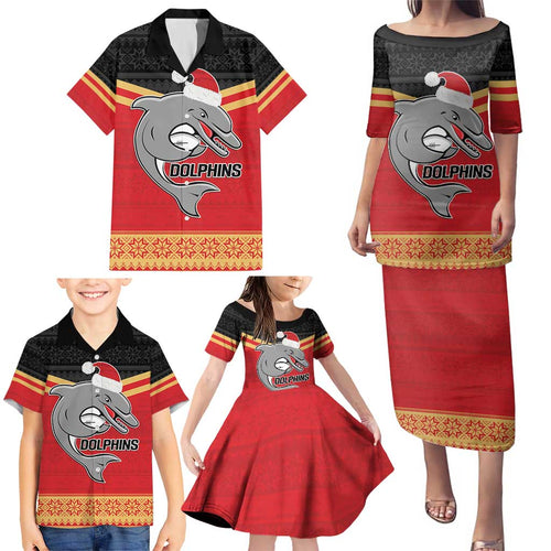 NRL Dolphins Mascot Christmas Personalised Family Matching Puletasi and Hawaiian Shirt Black Style
