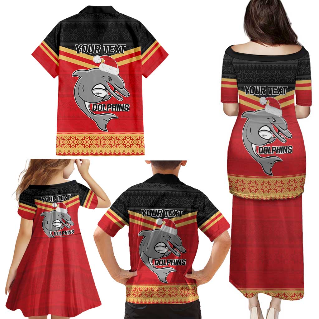 NRL Dolphins Mascot Christmas Personalised Family Matching Puletasi and Hawaiian Shirt Black Style