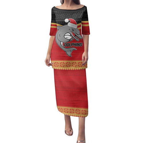 NRL Dolphins Mascot Christmas Personalised Family Matching Puletasi and Hawaiian Shirt Black Style